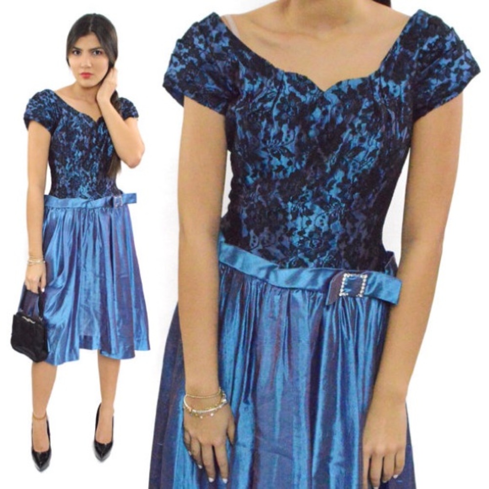 Vtg 50s Floral Lace Cocktail Party Pin Up Dress